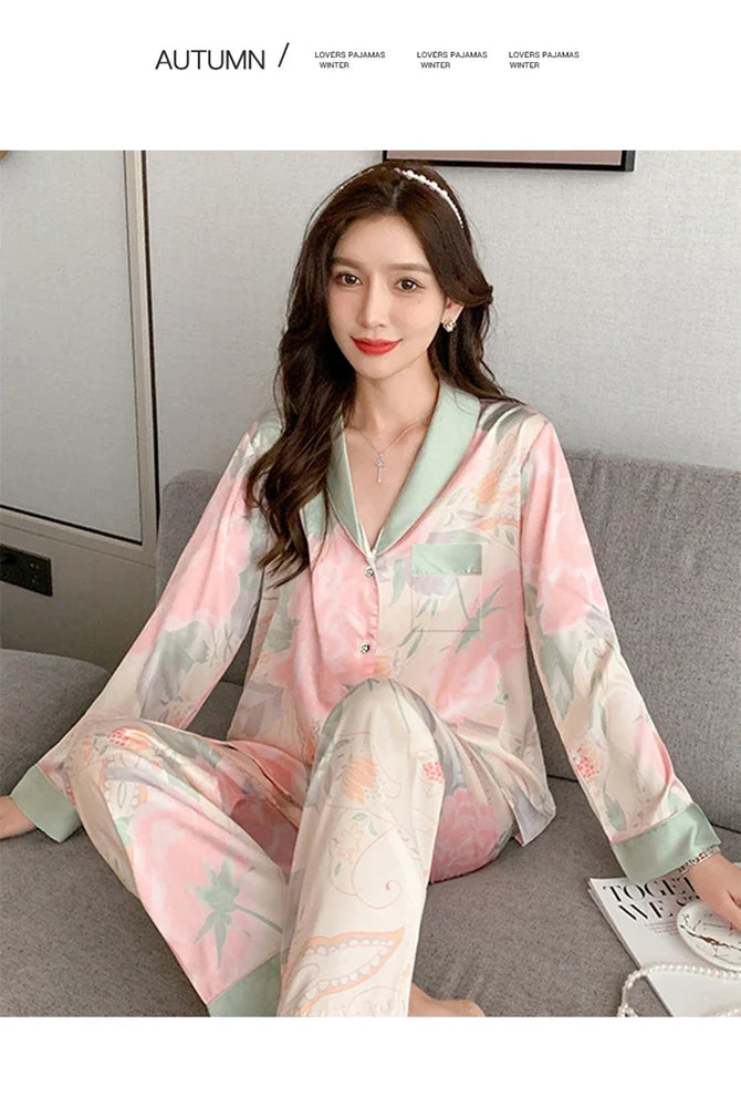 Women’s Floral Faux Silk Pajamas | 2-Piece Lapel Lounge Set