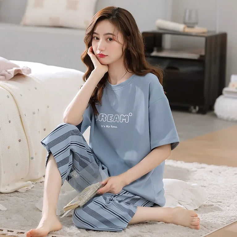 Women’s Summer Pajama Set | Short-Sleeve & Calf-Length Pants