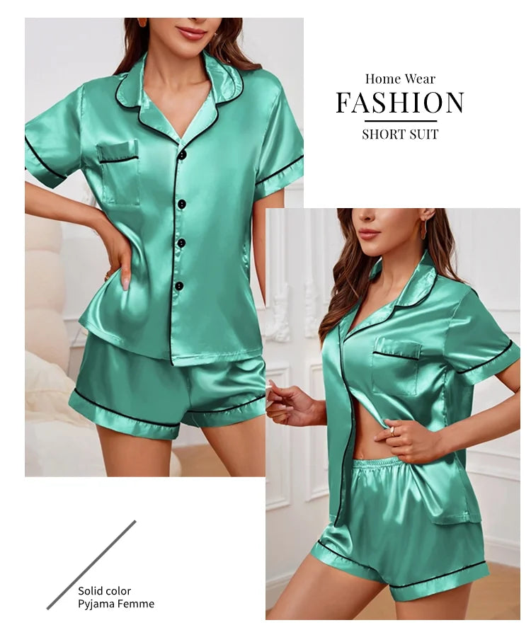 Luxury Satin Pajama Set | Short Sleeve Lapel Home Suit
