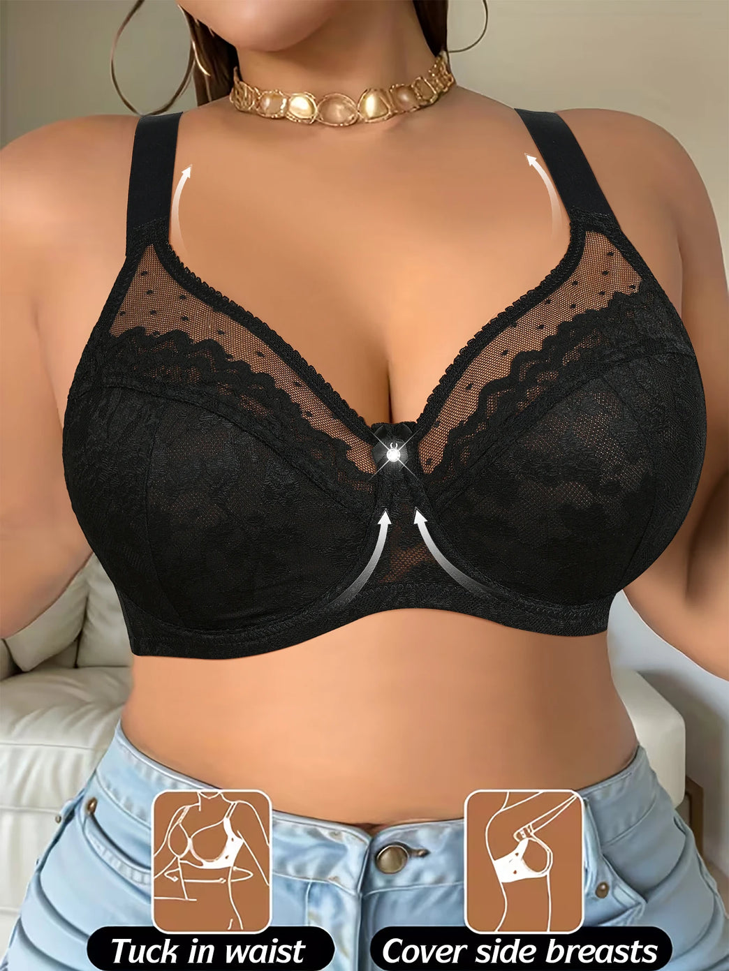 High-Support Floral Lace Plus-Size Bra – Full Coverage & Push-Up Support