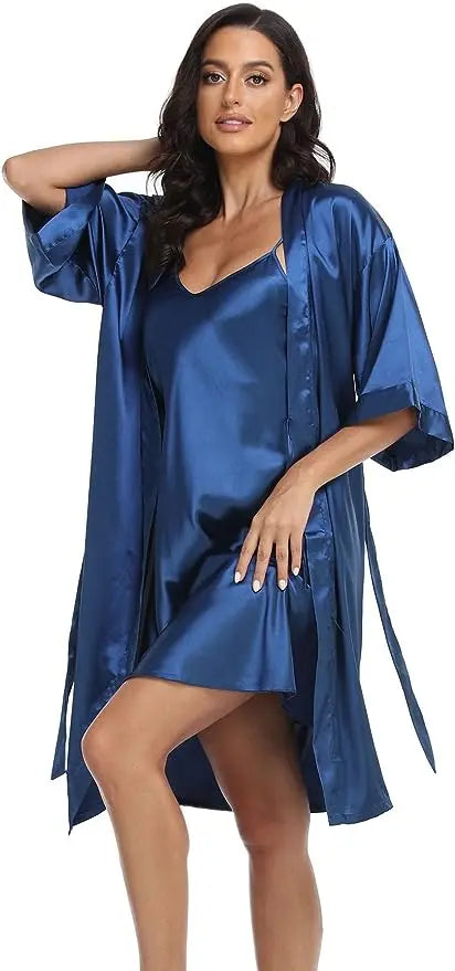 2pc Silk Pajama Set | Satin Robe & Chemise Nightgown