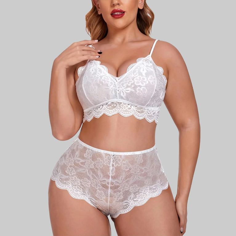 SEAMLESS LACE DEEP V NECK PUSH UP BRA SET HIGH WAIST THONG PLUS SIZE LINGERIE