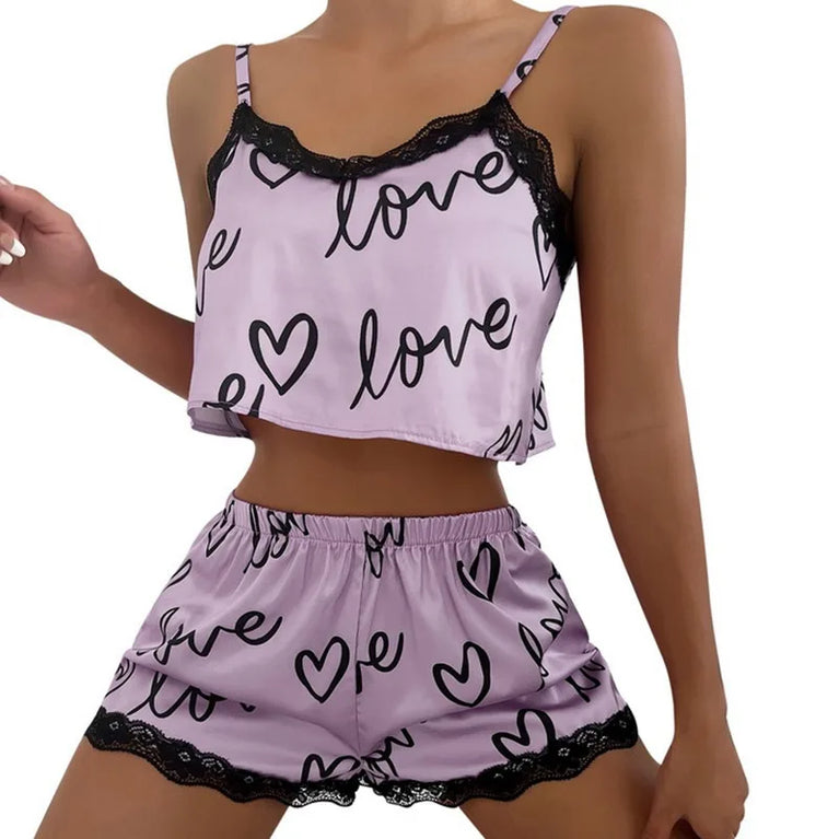 Women’s Silky Satin Pajama Set | Lace Cami & Shorts Nighty