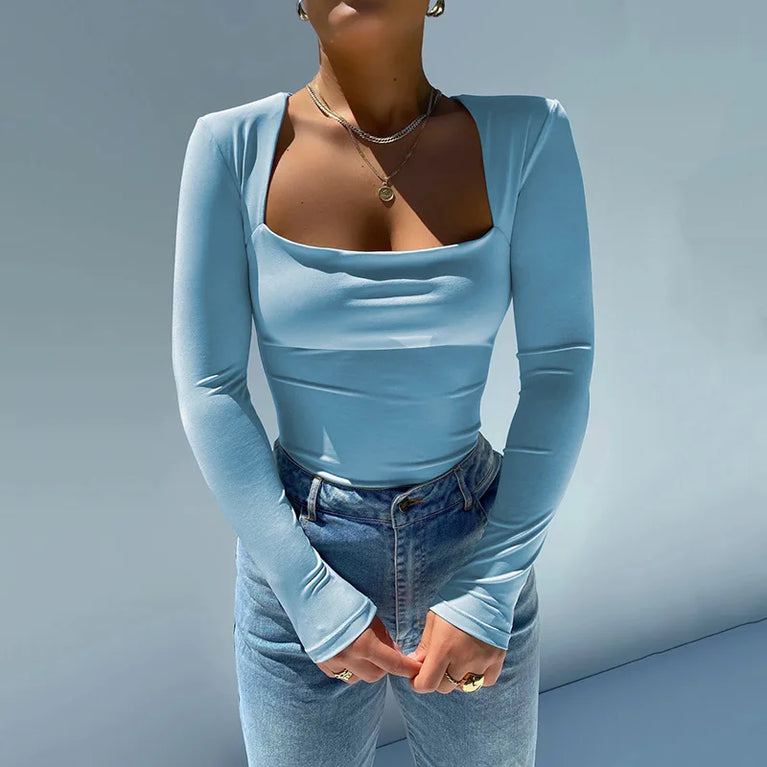 Long Sleeve Square Neck Bodysuit | Streetwear Bodycon Basic