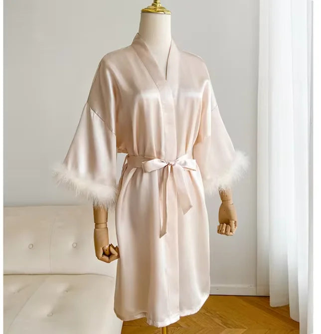 Bridal Satin Robe | Feather-Trim Wedding Kimono