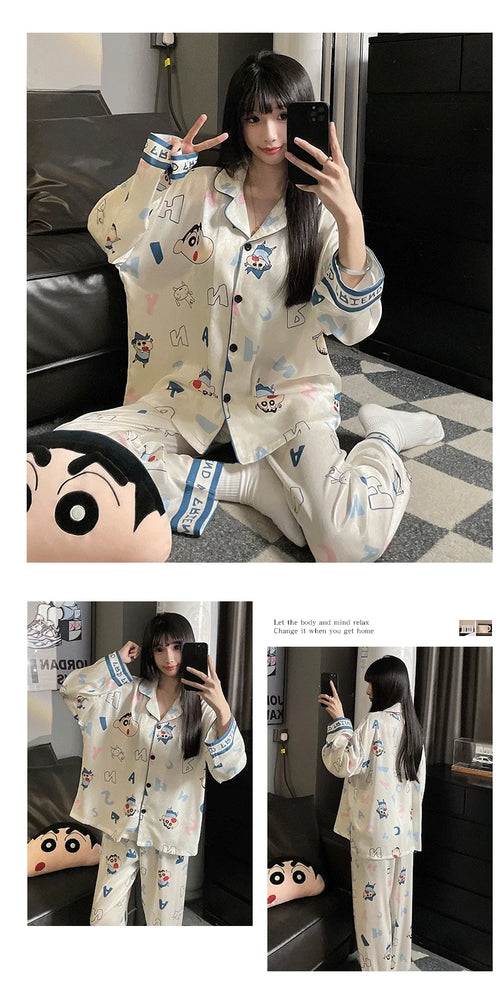 Couples Ice Silk Pajama Set | Cartoon Long-Sleeve Cardigan