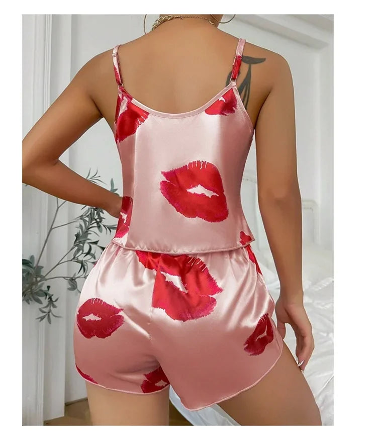 Women’s Satin Heart Pajama Set | V-Neck Cami & Silky Shorts