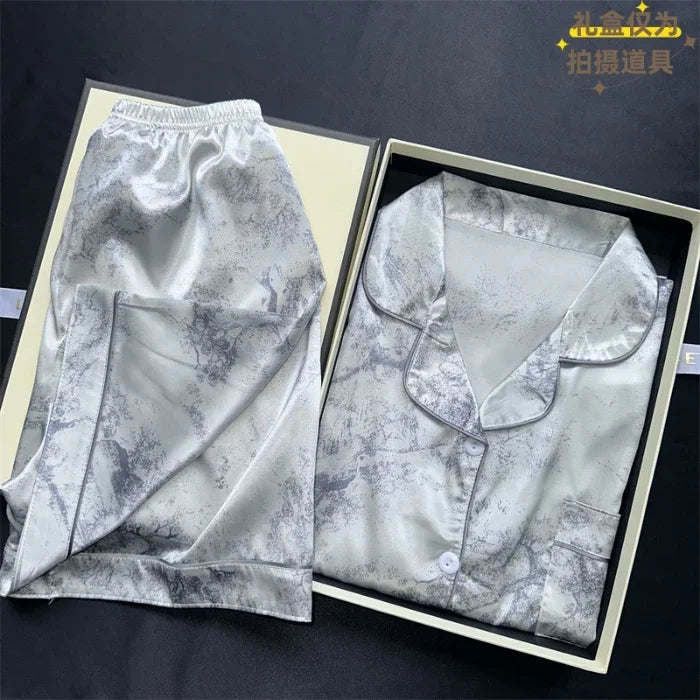 Women’s Geometric Satin Pajamas | V-Neck Ink Painting Set