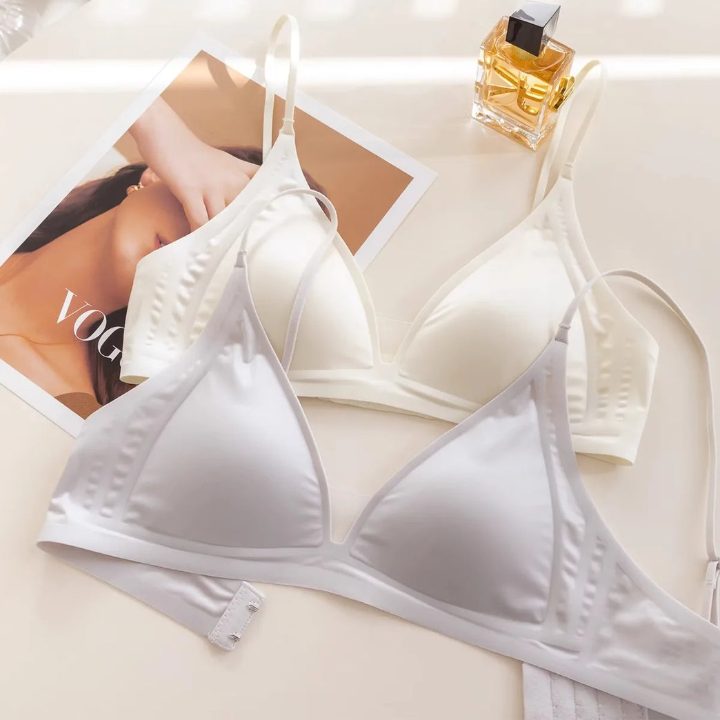 French Glossy Satin Seamless Bra | Deep-V Wireless Bralette