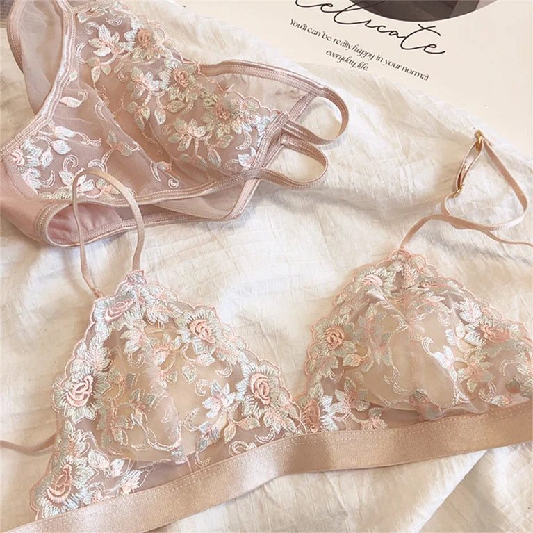 French Floral Embroidery Bra Set | Ultra-Thin Triangle Cups