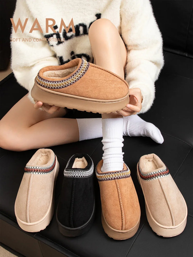 Warm Winter Plush Slippers | Embroidered Anti-Slip Home Shoes