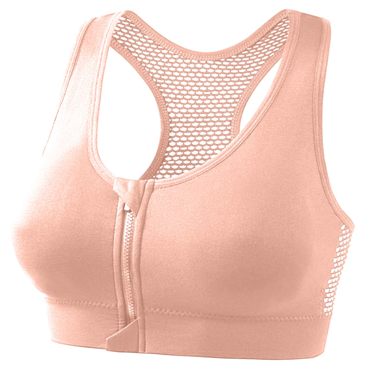 Front-Zipper Breathable Mesh Sports Bra – Wireless High-Ventilation Support