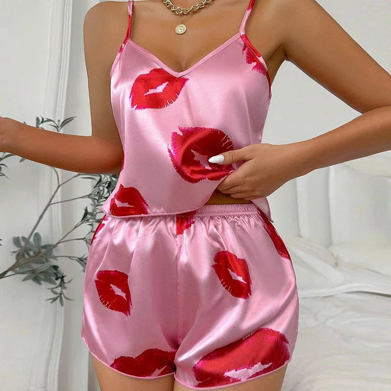 Women’s Satin Heart Pajama Set | V-Neck Cami & Silky Shorts