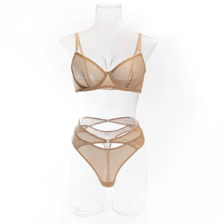 Hollow-Out Mesh Lingerie Set | Khaki See-Through 2-Piece Duo