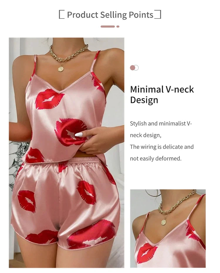 Women’s Satin Heart Pajama Set | V-Neck Cami & Silky Shorts