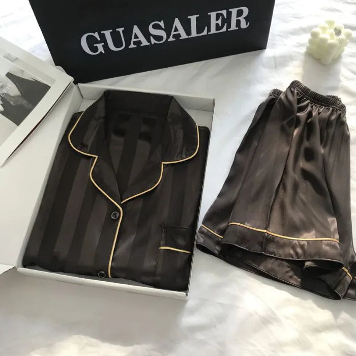 Women’s Satin Striped Pajama Set | Button-Up Short Sleeve