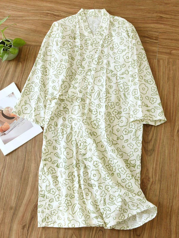 Women's Pure Cotton Floral Robe | Thin Gauze Sleep Gown