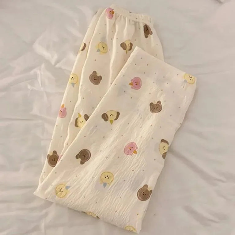 Cartoon Bear Summer Pajama Pants | Loose High Rise Trousers