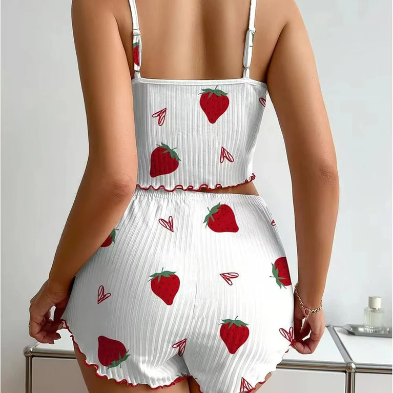 Strawberry Ribbed Knit Pajama Set | Ice Silk Summer Pajamas