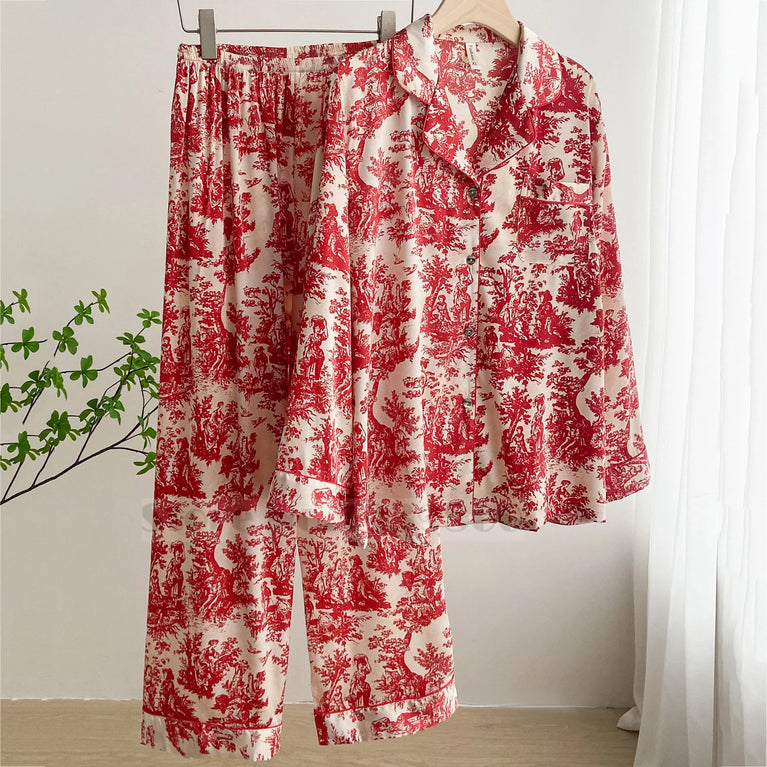 Elegant Floral Satin Pajama Set | Long Sleeve Summer Sleepwear