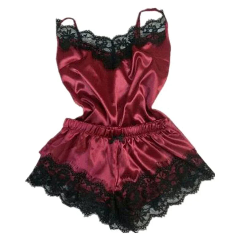 Lace Satin 2-Piece Pajama Set – Sexy V-Neck Strap Vest & Matching Sleep Shorts for Women