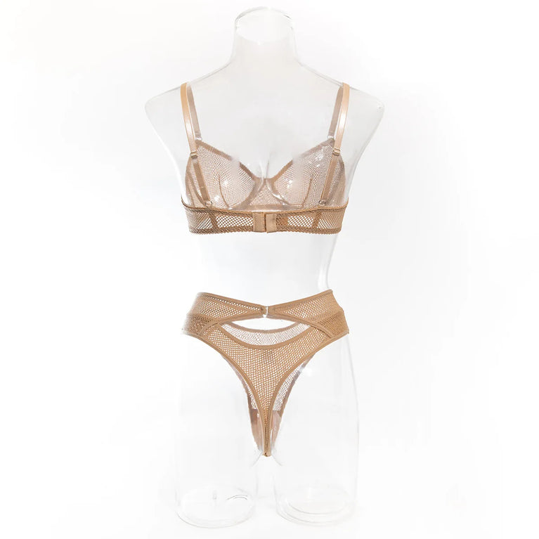 Hollow-Out Mesh Lingerie Set | Khaki See-Through 2-Piece Duo