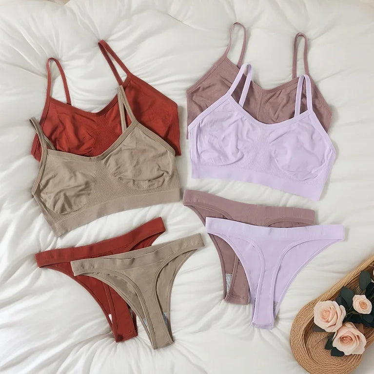 WOMEN SEAMLESS PUSH UP RIBBED BRA AND PANTY SET WIRE FREE SEXY LINGERIE