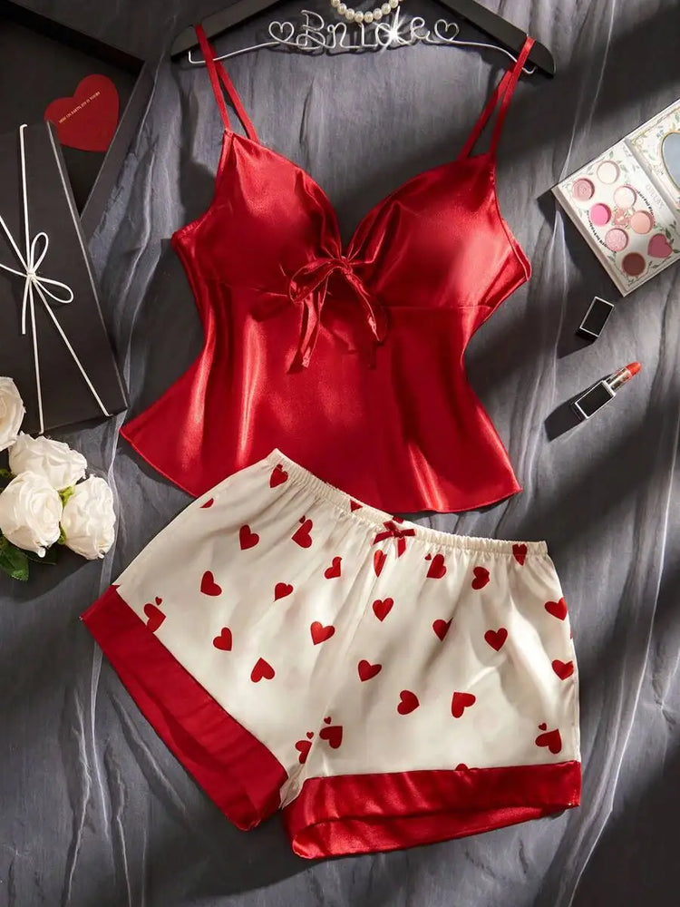 Red Satin Heart Pajama Set | Silky Tie-Knot Cami & Shorts