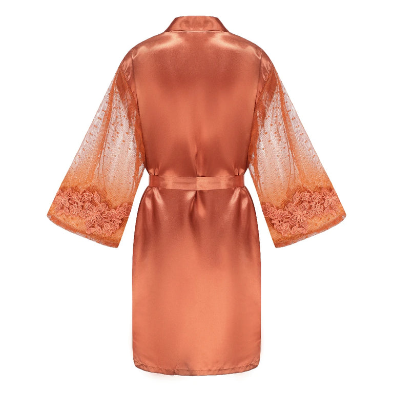 Caramel Wedding Robe | Mesh-Sleeve Satin Kimono