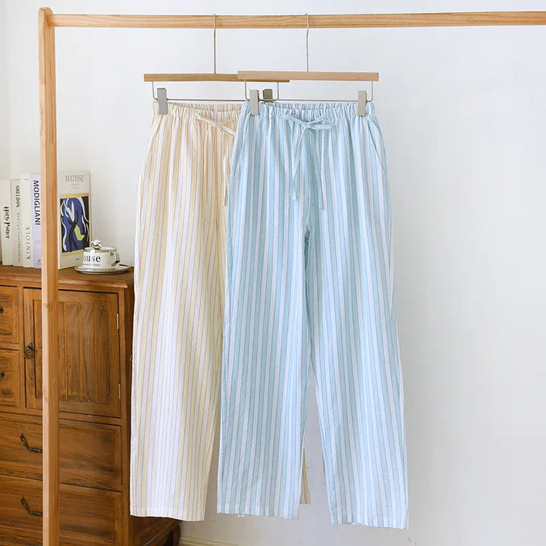 Cotton Gauze Pants | Striped Home Trousers