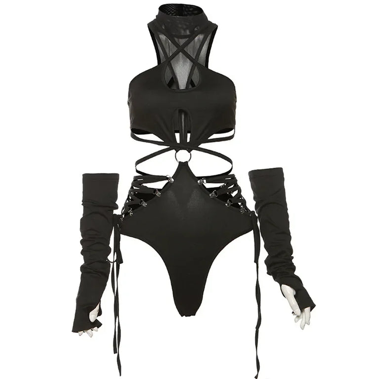 Gothic Techwear Bodysuit | Cyber Y2K Mesh Patchwork