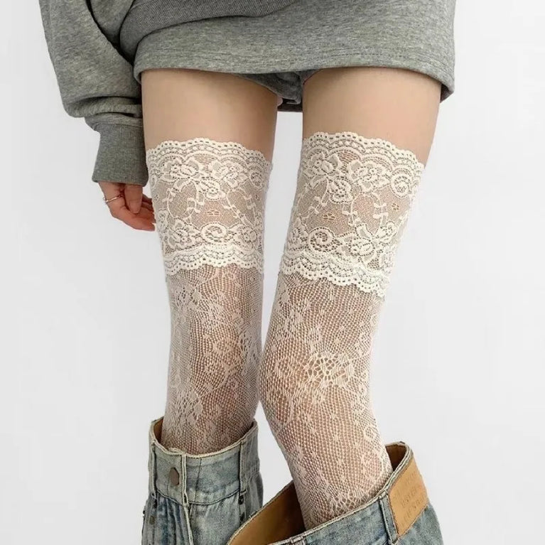 Women Over The Knee Lace Thigh High Socks Transparent Hosiery