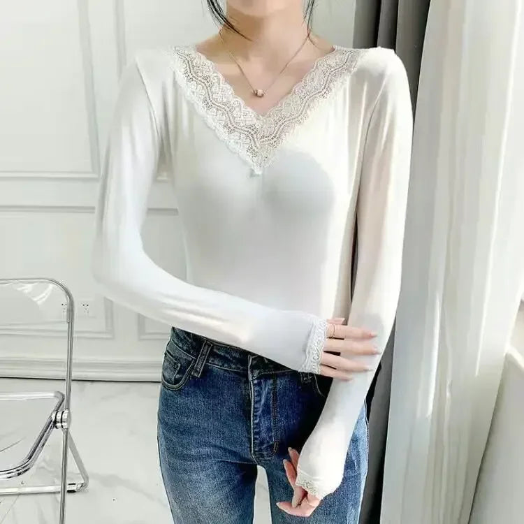 Autumn Long Sleeve Shirt V Neck Thin Blouse Women Top
