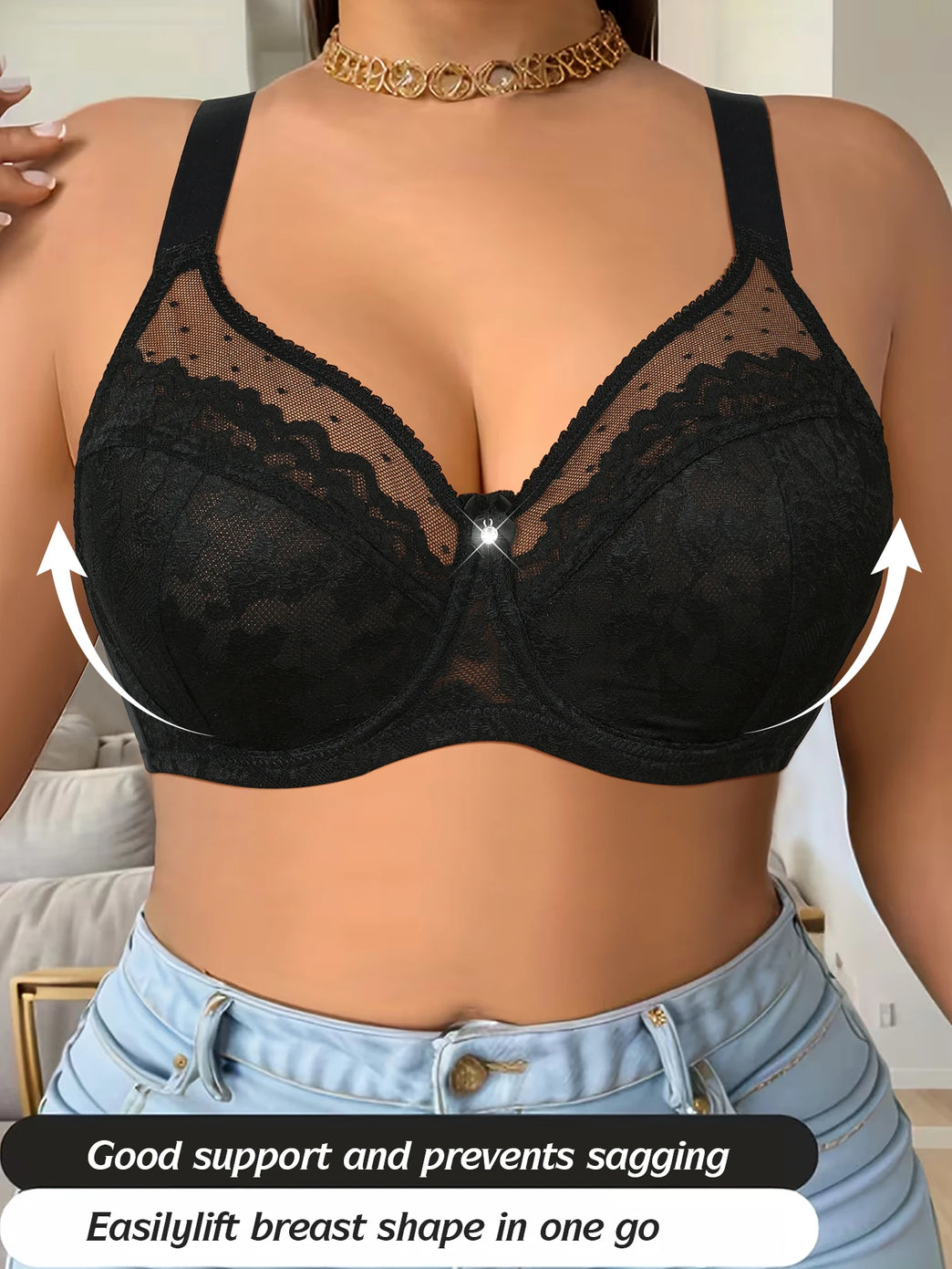 High-Support Floral Lace Plus-Size Bra – Full Coverage & Push-Up Support
