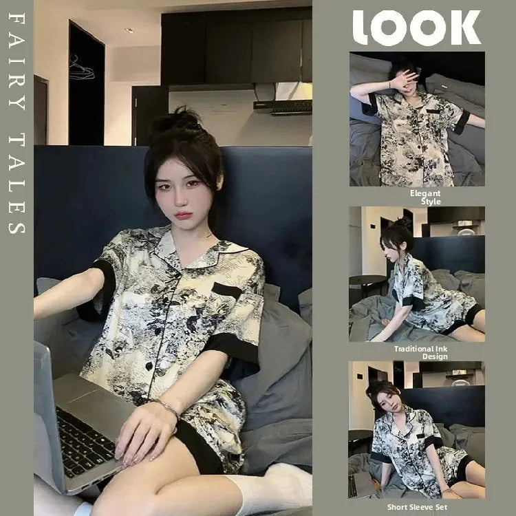 Women’s Ice Silk Sleepwear Set | Sweet Short Sleeve PJs