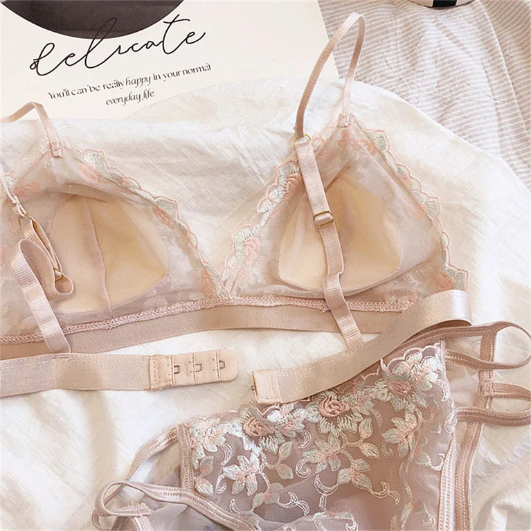 French Floral Embroidery Bra Set | Ultra-Thin Triangle Cups