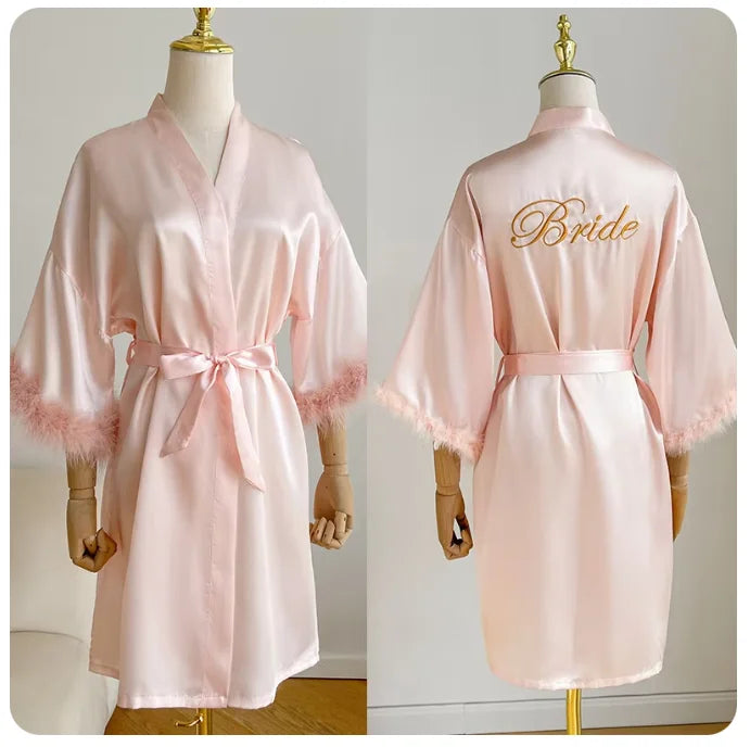 Bridal Satin Robe | Feather-Trim Wedding Kimono