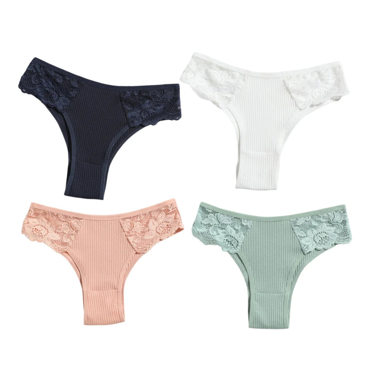 4pc Cotton Lace Set | Low-Waist Brazilian Briefs