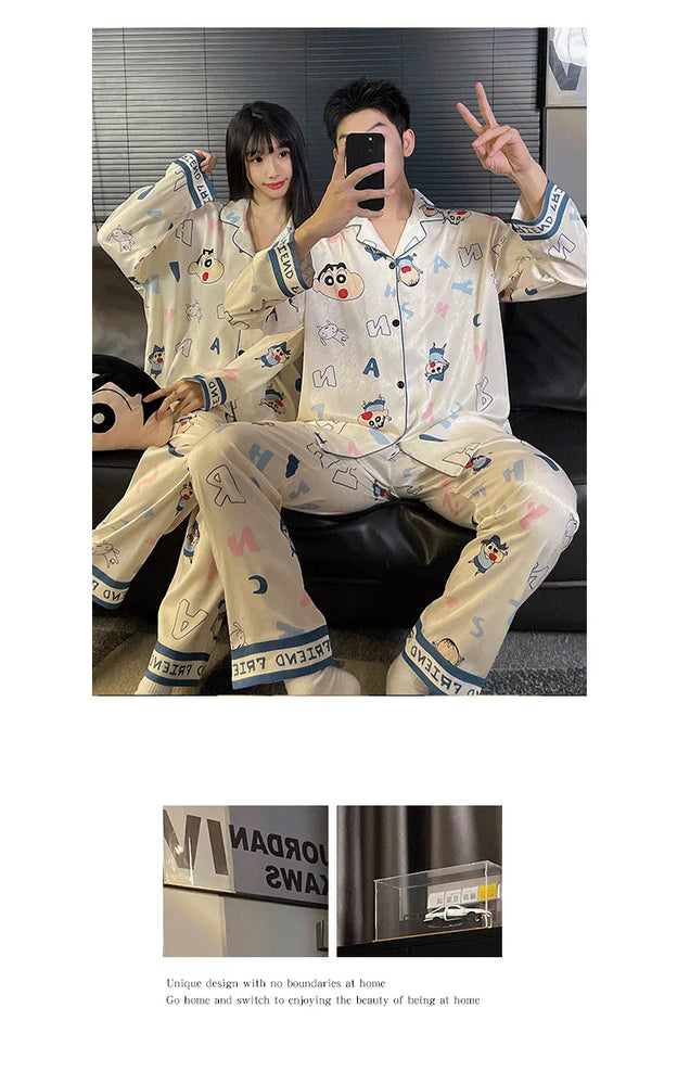 Couples Ice Silk Pajama Set | Cartoon Long-Sleeve Cardigan