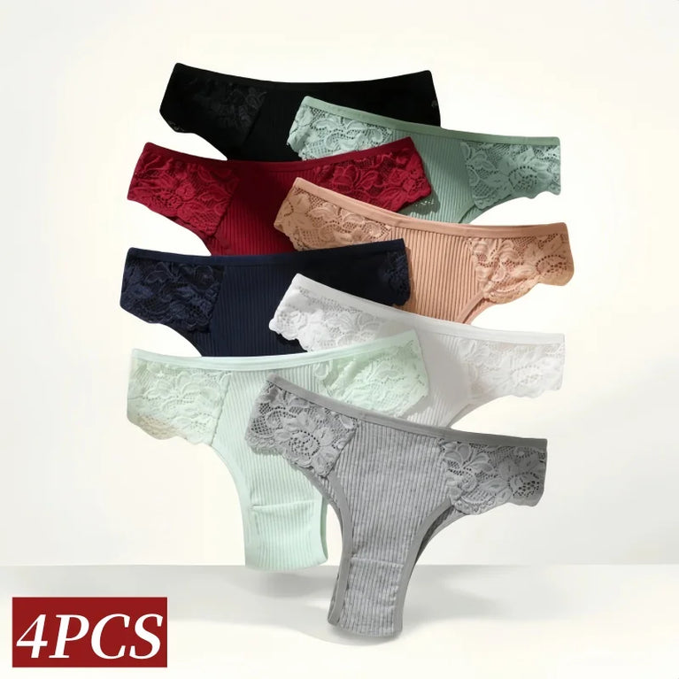 4pc Cotton Lace Set | Low-Waist Brazilian Briefs