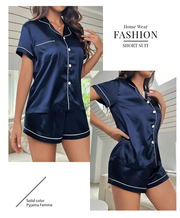Luxury Satin Pajama Set | Short Sleeve Lapel Home Suit