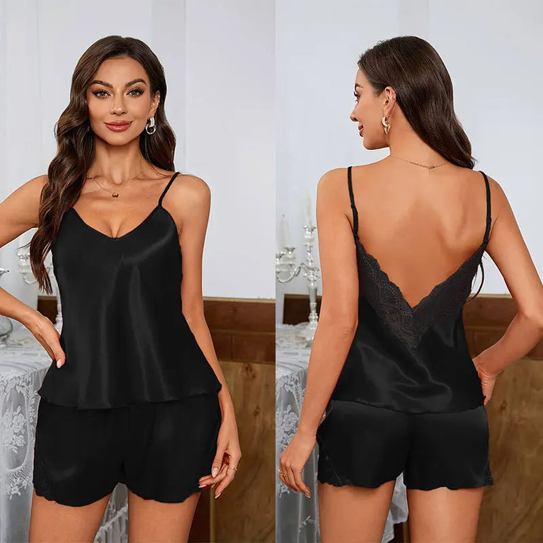 Women’s Luxury Satin Pajama Set | Sexy Deep V Lace Cami