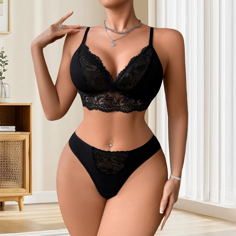 SEXY LACE RIBBED WOMEN UNDERWEAR SET 2PCS BRA AND PANTY WIRE FREE SEXY LINGERIE OUTFIT
