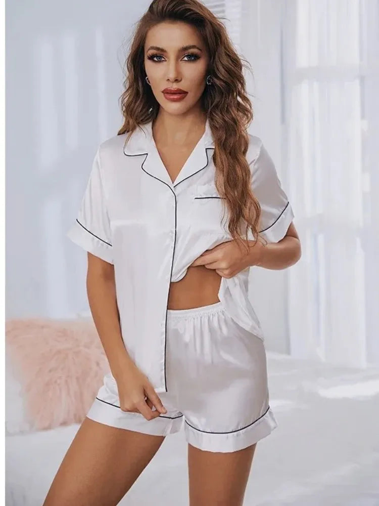 Luxury Silk Satin Pajama Set | Button-Down Short Pj Suit