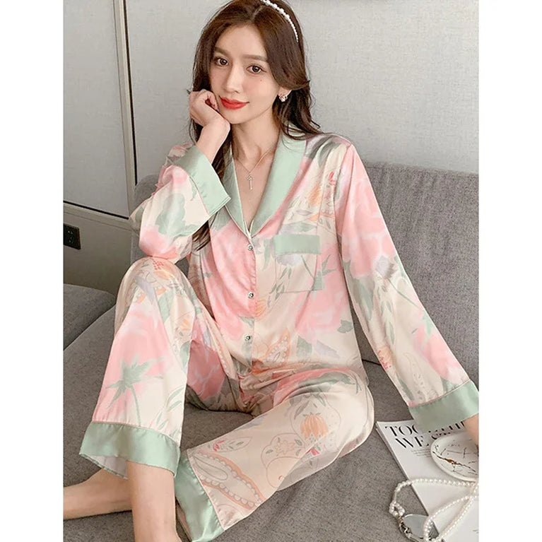 Women’s Floral Faux Silk Pajamas | 2-Piece Lapel Lounge Set