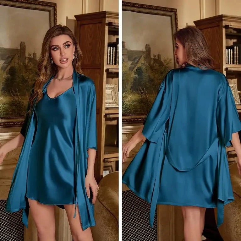 Lace Trim Satin Robe Set | V-Neck Nightgown & Sleep Suit