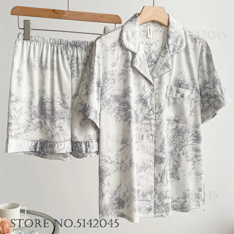 Elegant Floral Satin Pajama Set | Long Sleeve Summer Sleepwear