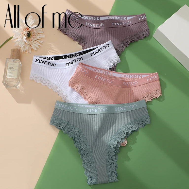 4pc Cotton Bikini Set | Lace Trim Brazilian Briefs