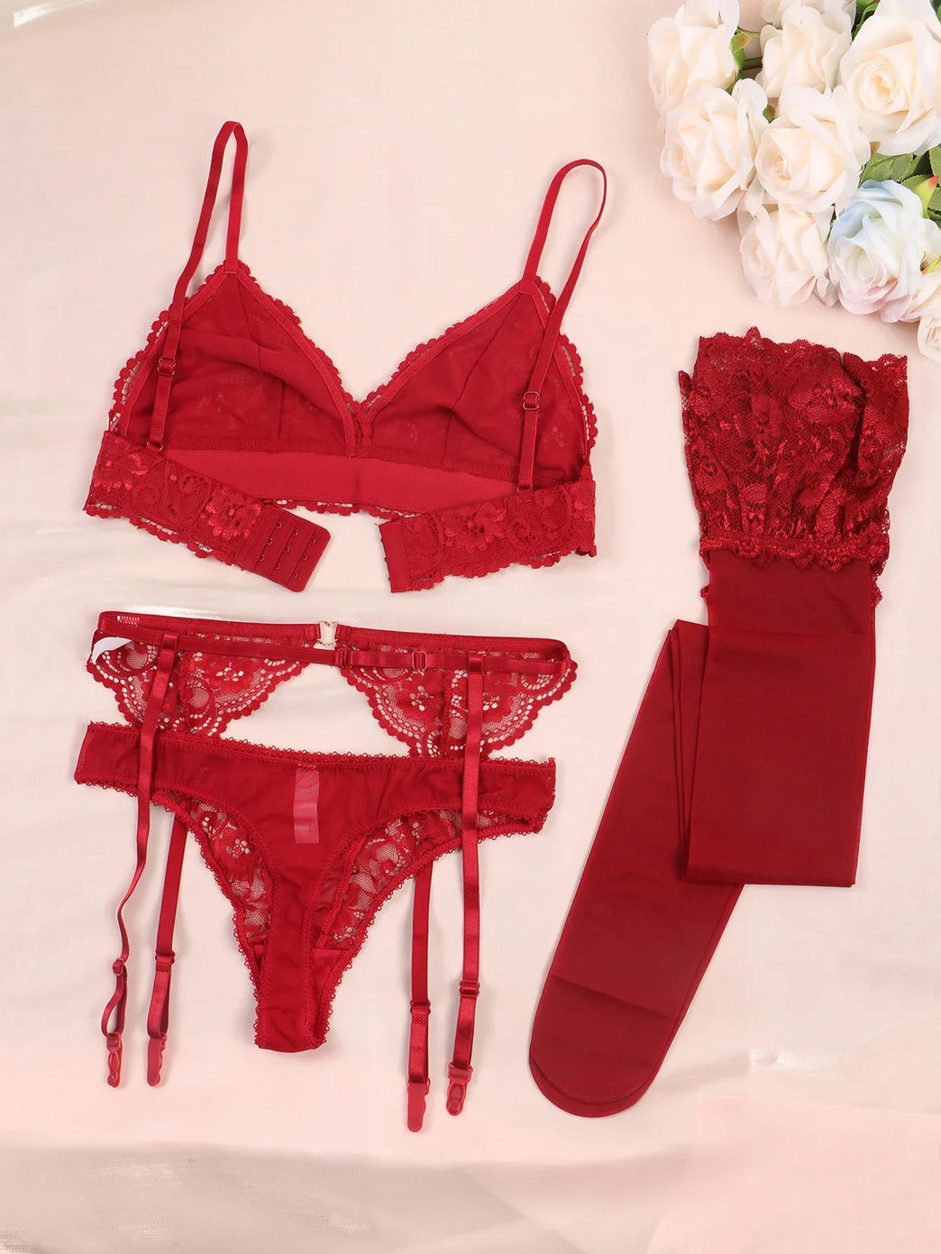 Seamless Floral Lace 4-Piece Lingerie Set – Sexy Underwire Bra & Robe