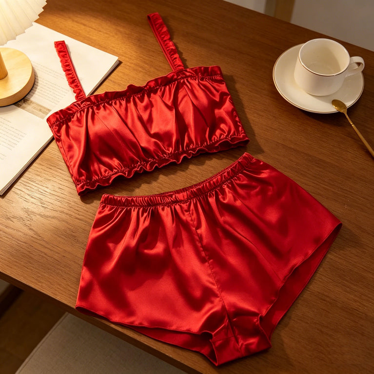 Red Satin Heart Pajama Set | Silky Tie-Knot Cami & Shorts